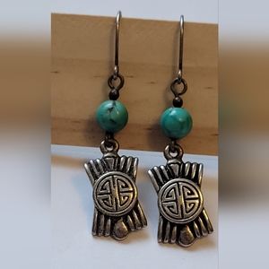 Southwestern Turquoise Silver Dangle Pierced Earrings